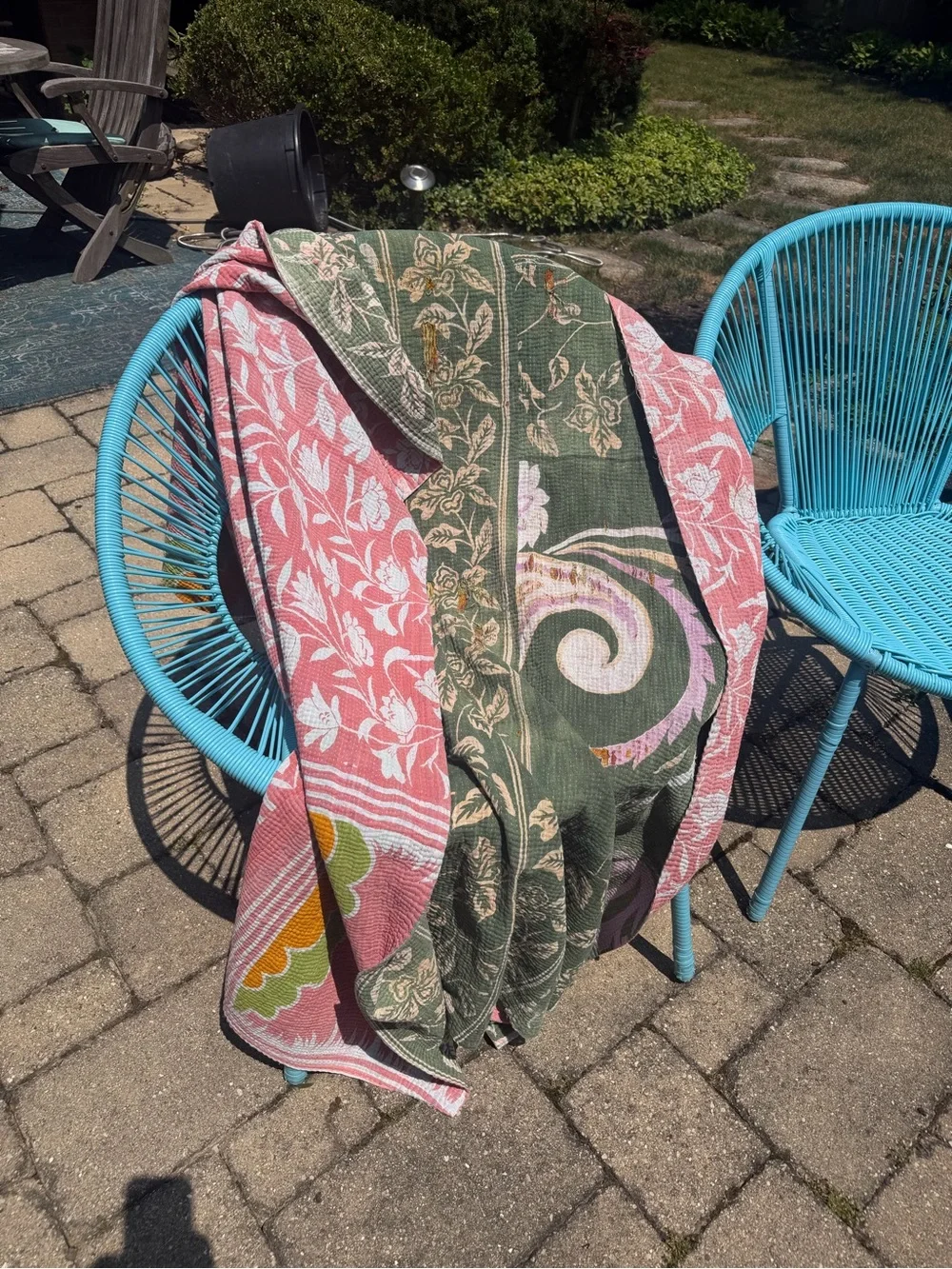 Green Floral Kantha Throw with Pink & Cream Accents